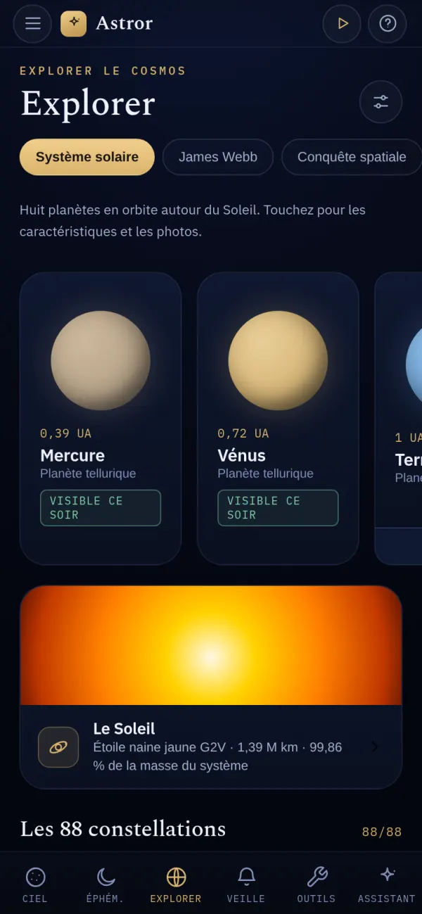 Écran Explorer : planètes du système solaire avec leur visibilité ce soir.