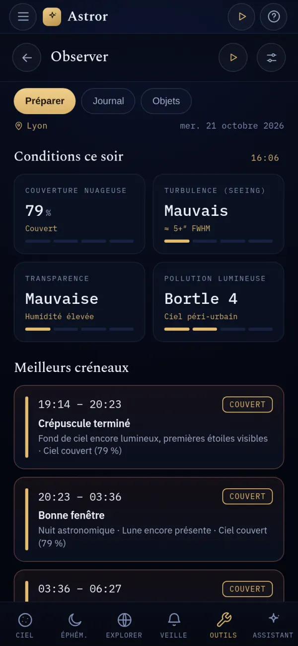 Outil Observer d'Astror : conditions de ce soir (couverture nuageuse, turbulence, transparence, indice de Bortle) et meilleurs créneaux d'observation.